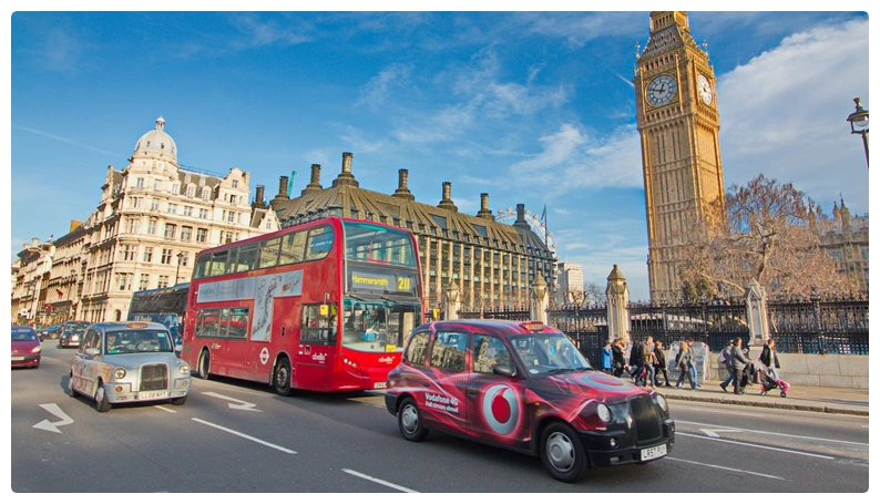 Double decker bus; London street view