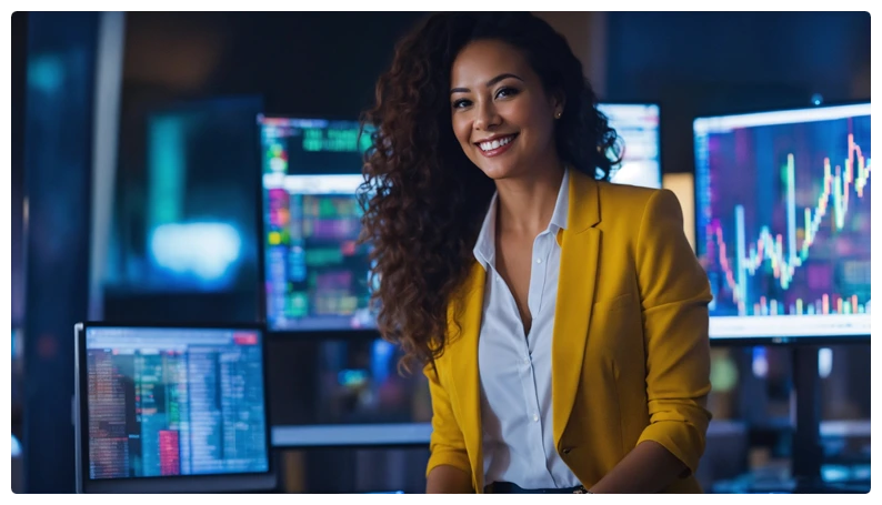 A female investor seated at the trading table, making financial decisions