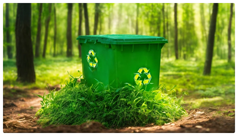 A recycling bin placed in lush green pastures.