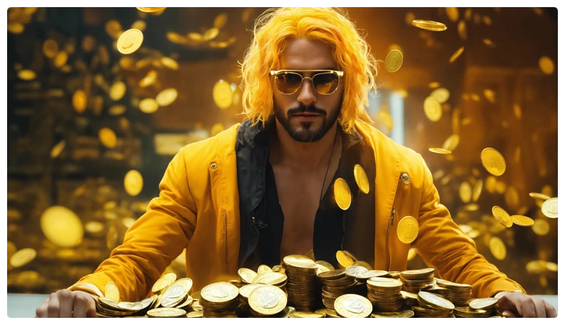 A guy seated amidst a wealth of money, flaunting his success.