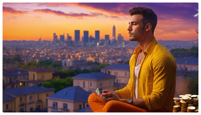 A guy perched on a rooftop surrounded by money!