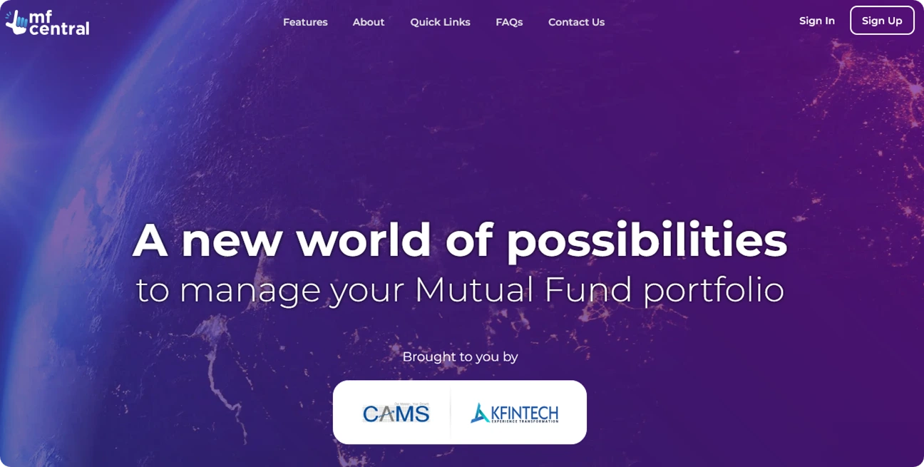 MF Central Mutual Fund Portal Landing Page