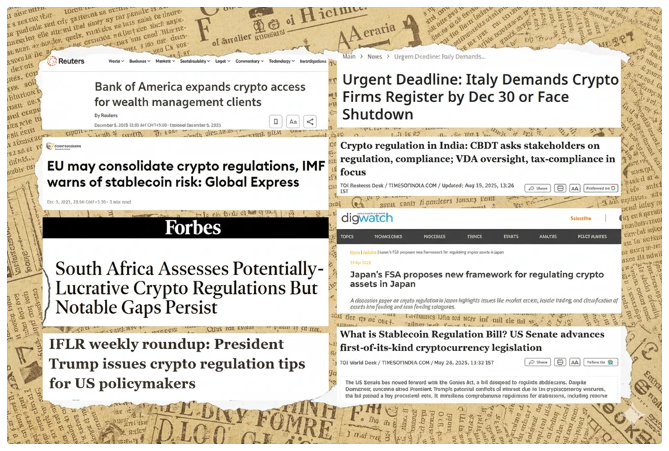 Digital collage of international newspaper headlines focusing on government regulation of digital assets.
