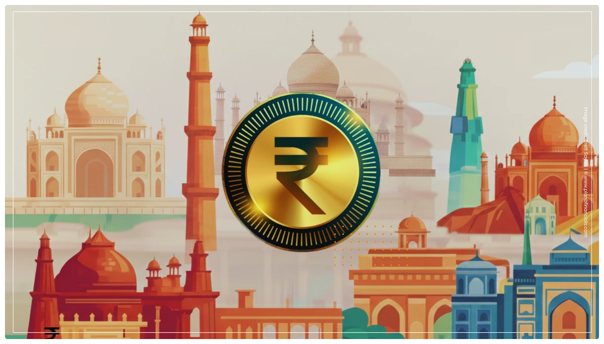 A futuristic illustration of the Indian Rupee symbol glowing in digital code or connected to a blockchain network.